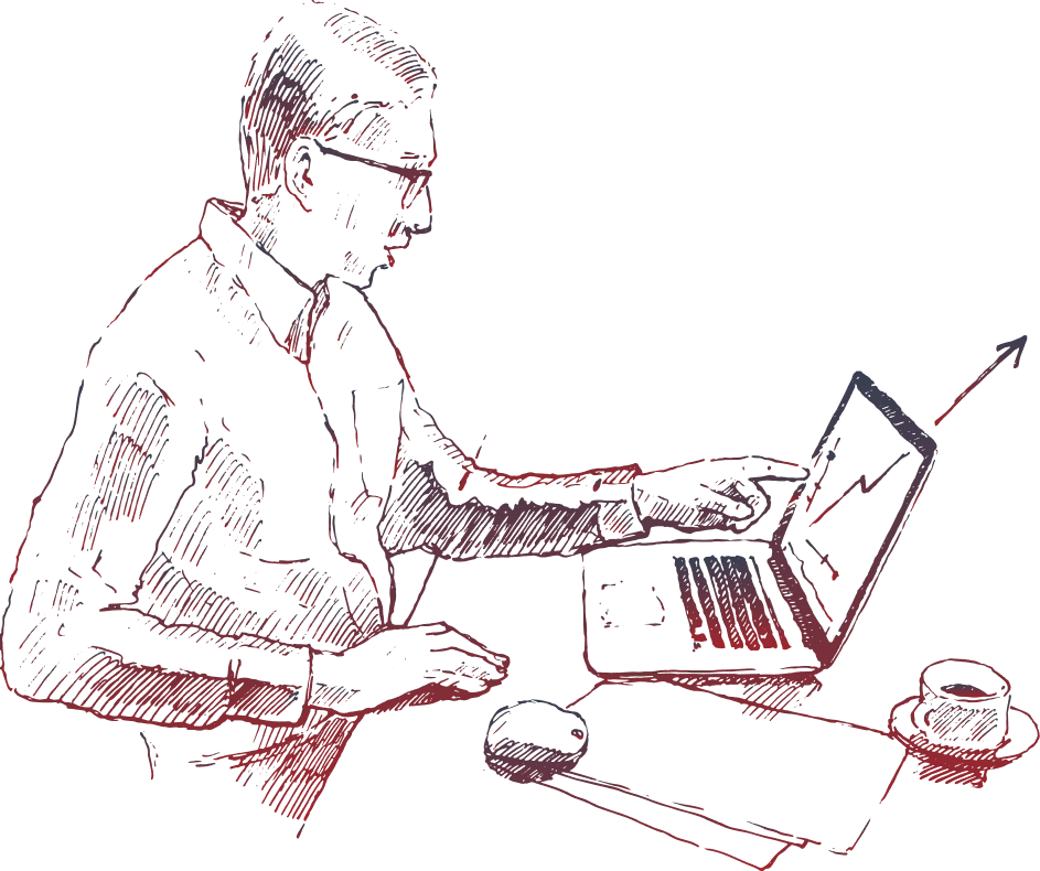 Hand-drawn sketch of a man working on a laptop with a rising chart