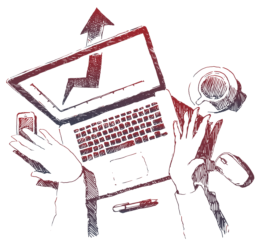 Hand-drawn top view of hands on a laptop showing a rising chart