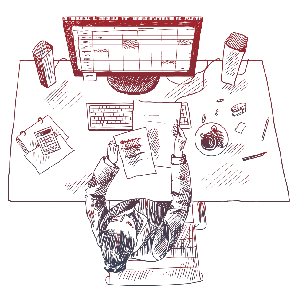 Hand-drawn top view of a person working at a desk with documents and a spreadsheet